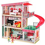 TOP BRIGHT Casa de muñecas con muebles y muñecas, casa de muñecas de madera para niñas de 3 años en adelante, 18 muebles con sonidos y luces